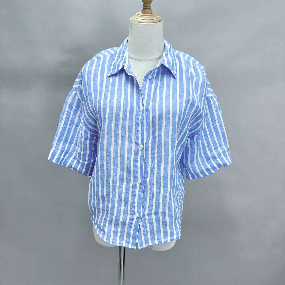 H&M blue striped linen 3/4 sleeve button up cropped top size Small boxy oversize